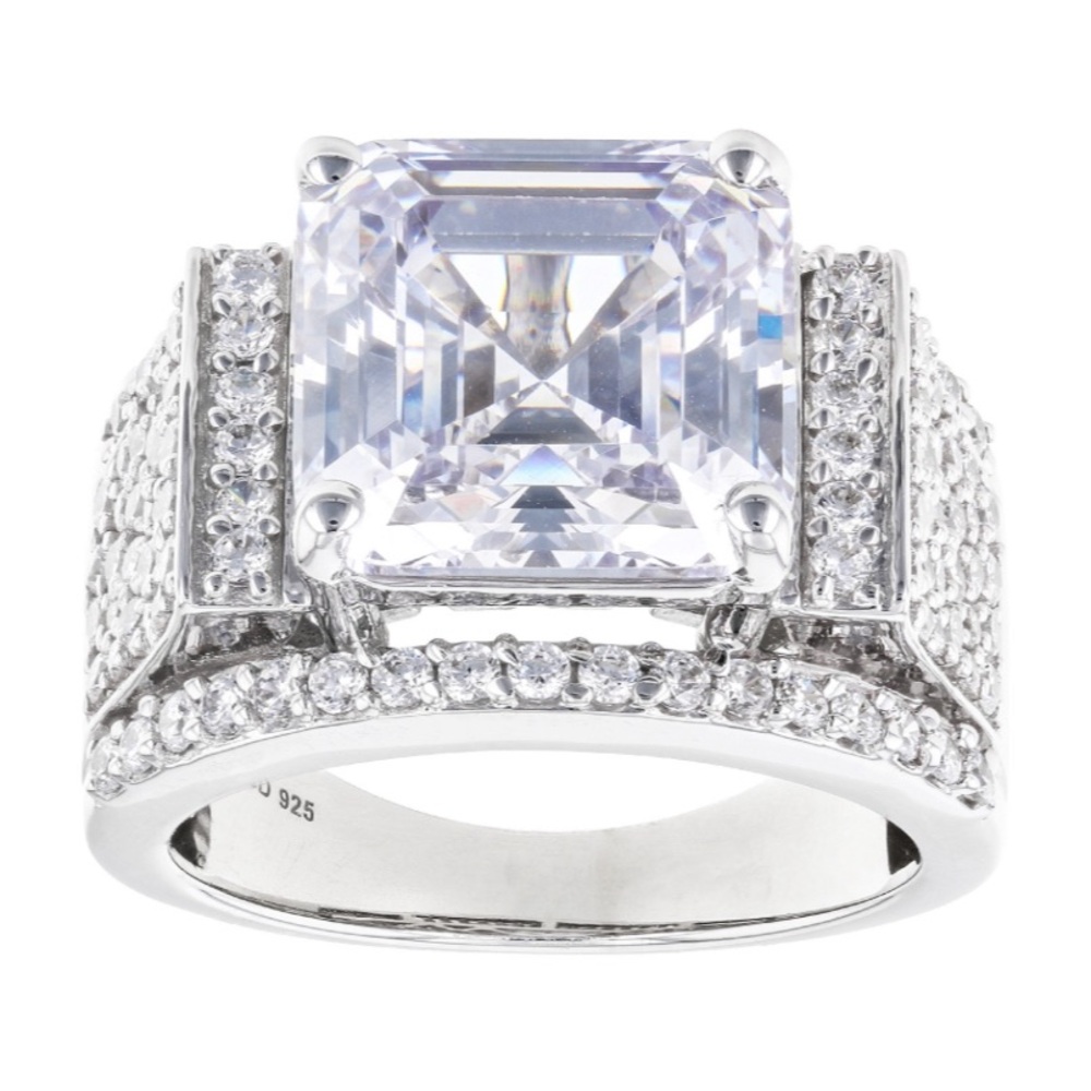 White Cubic Zirconia Rhodium over Sterling Silver Asscher cut Ring 15.14 ctw